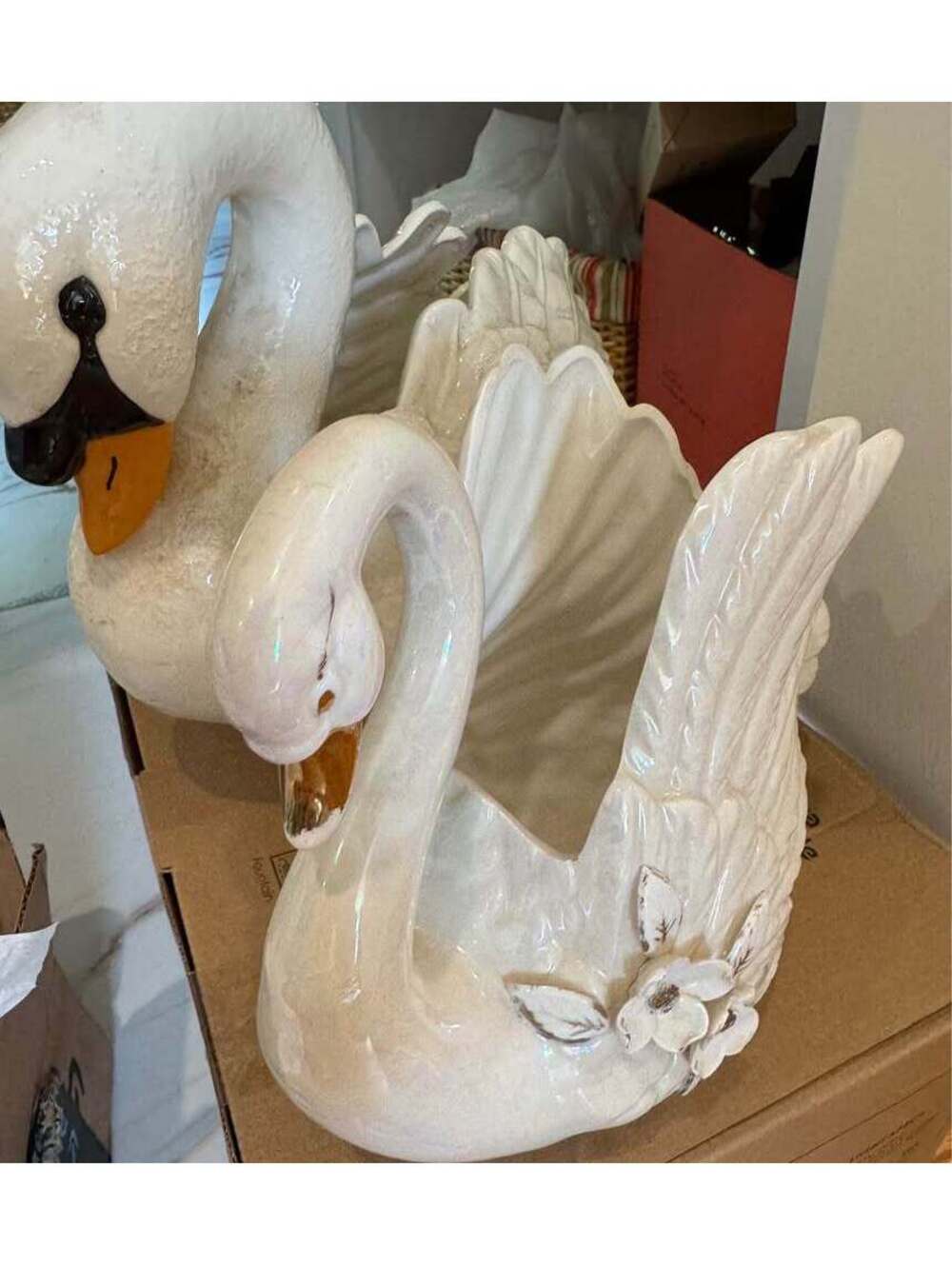 Pair of Ceramic Swan Planters